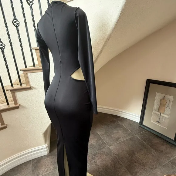 OH POLLY Black Cut Out Maxi Dress US 6 Sexy Bodycon Long Sleeve Evening Party - Picture 7 of 10